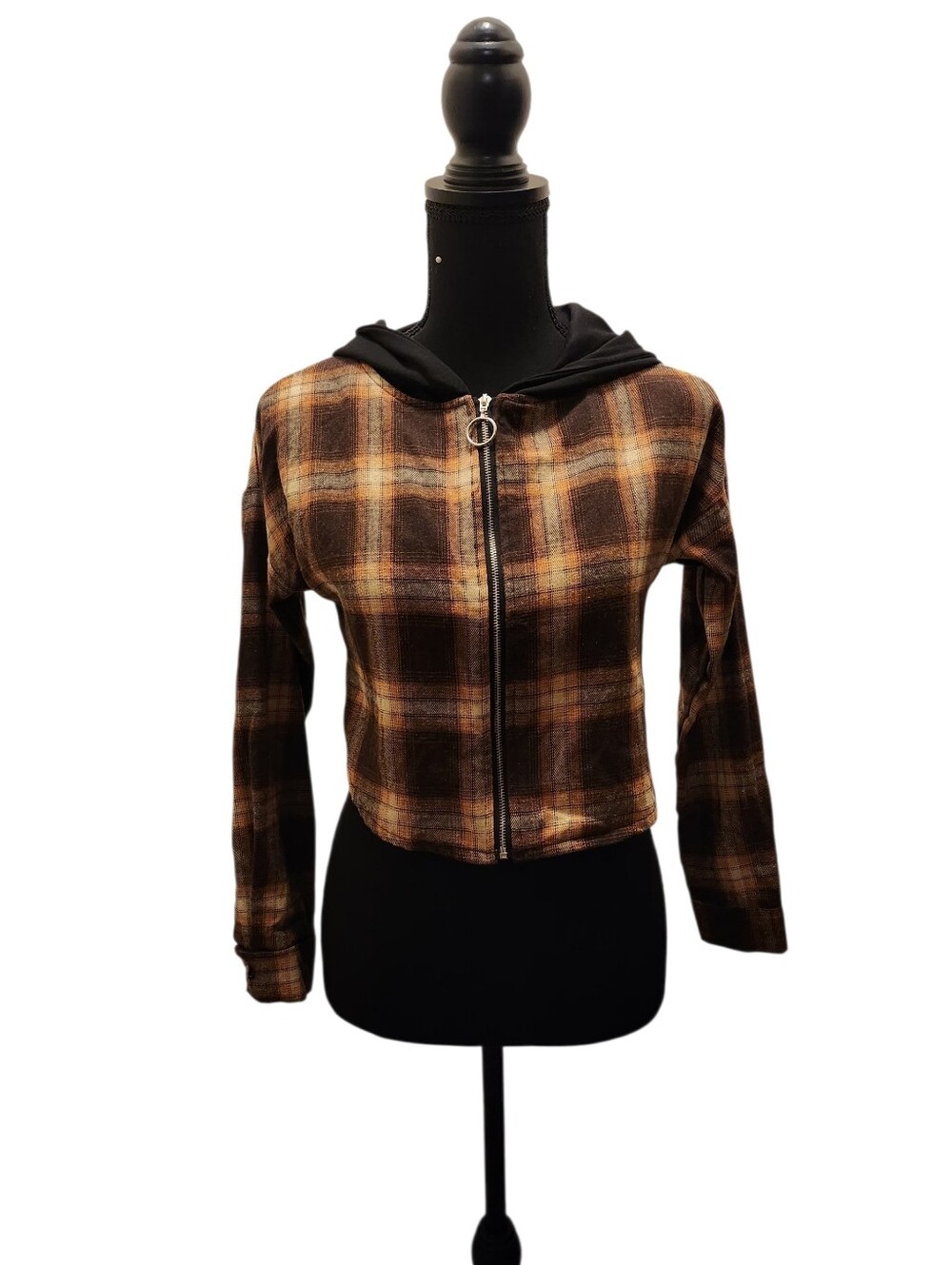Zaful Brown & Tan Plaid Bomber Jacket with Hood